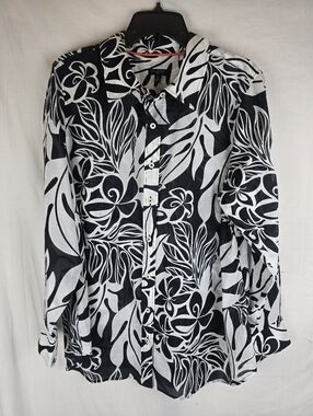 Talbot's Black & White Floral Long Sleeve Cotton Button-Up Shirt Sz 1X